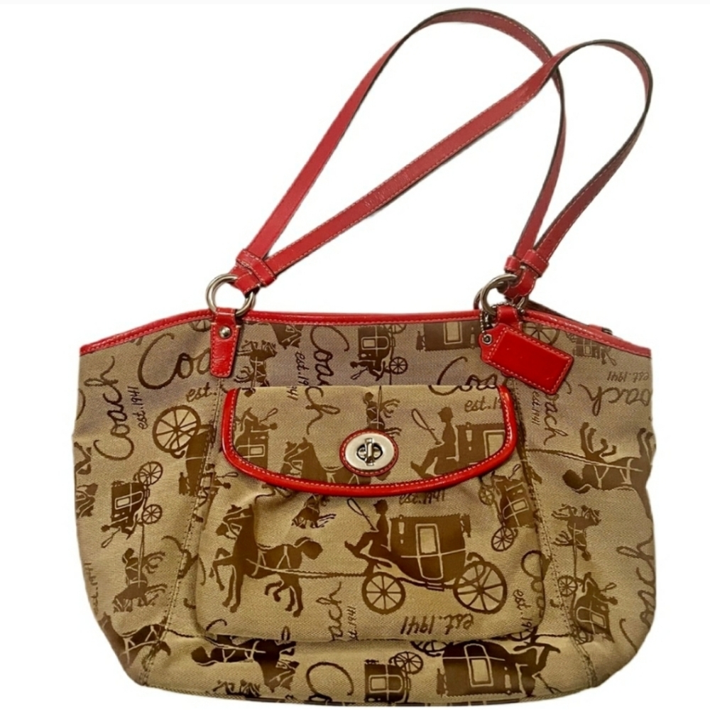 🆕Coach Large Horse & Carriage Red Shoulder Handbag Leah F14856 - NWOT